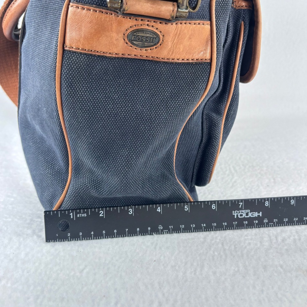 Y2K VTG Fossil Messenger Bag Navy Blue Canvas Leather Laptop Satchel Academia - Picture 14 of 16